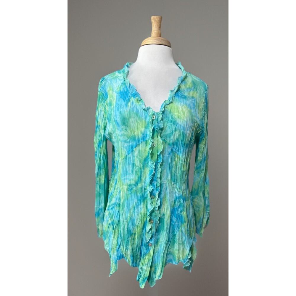Coldwater Creek Boho Retro Crinkle Turquoise Green Blouse Size PM Fairycore